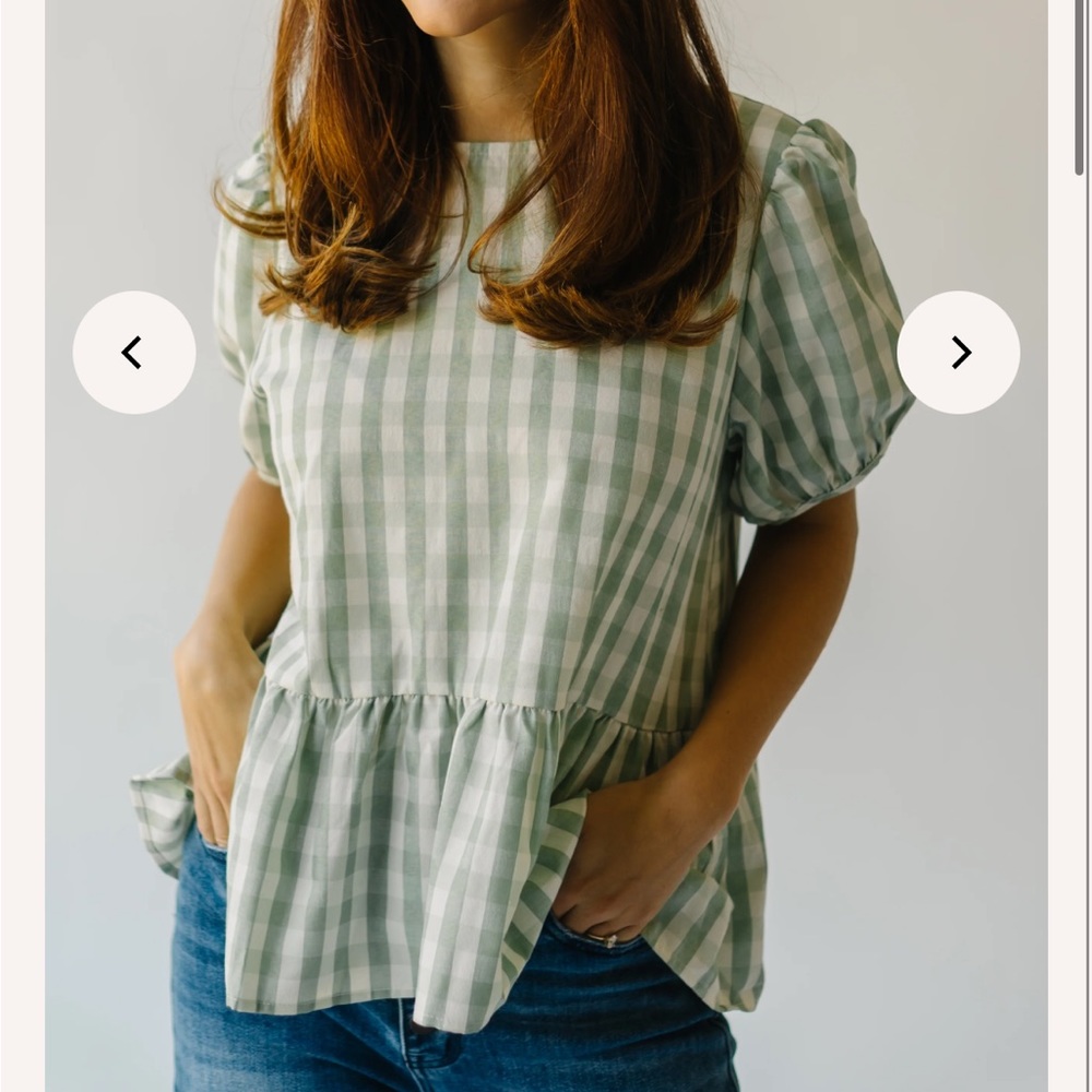 Gingham Puff Sleeve Blouse in Sage - Picture 6 of 8